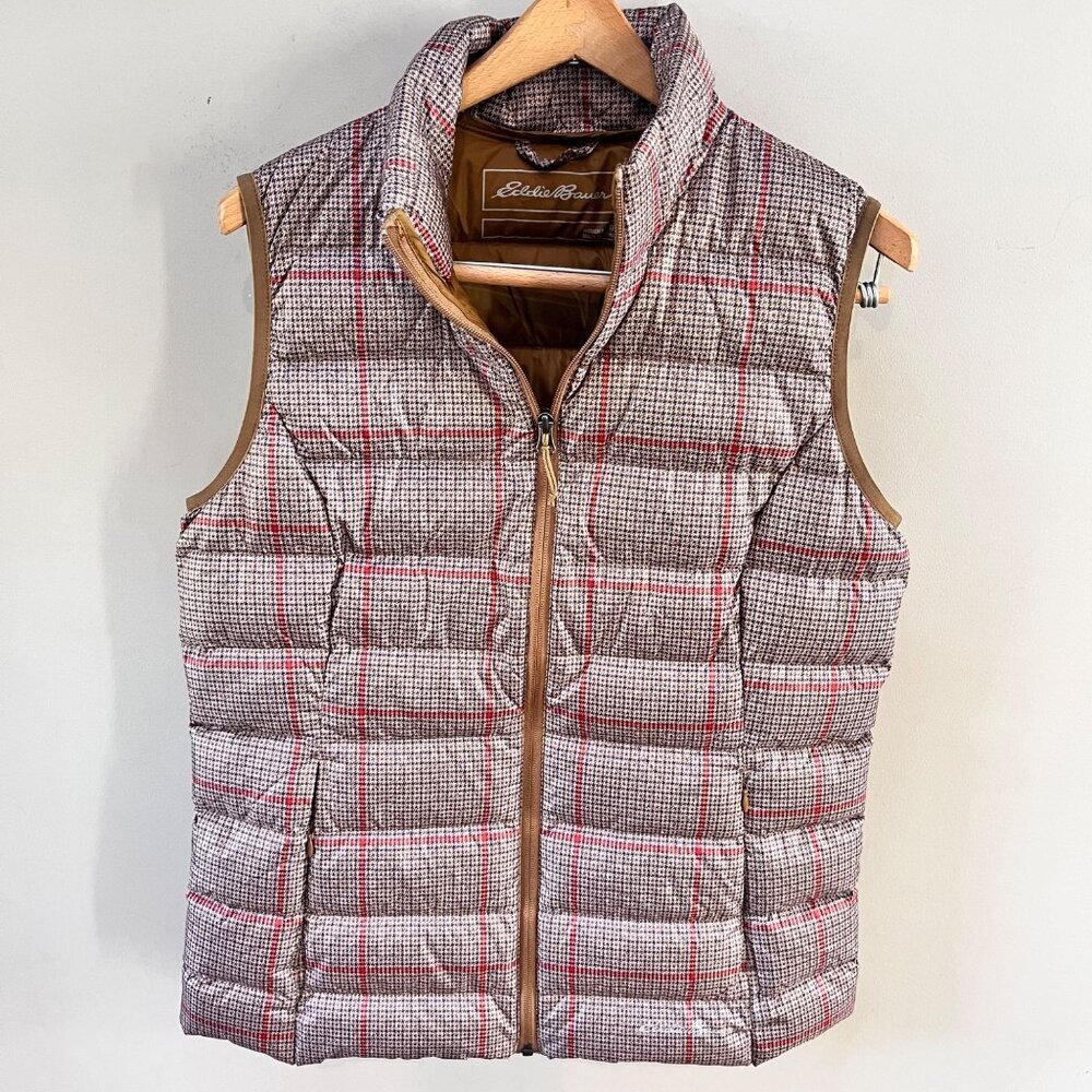 Eddie Bauer Women's Medium Quilted Down Brown Houndstooth Plaid Puffer Vest